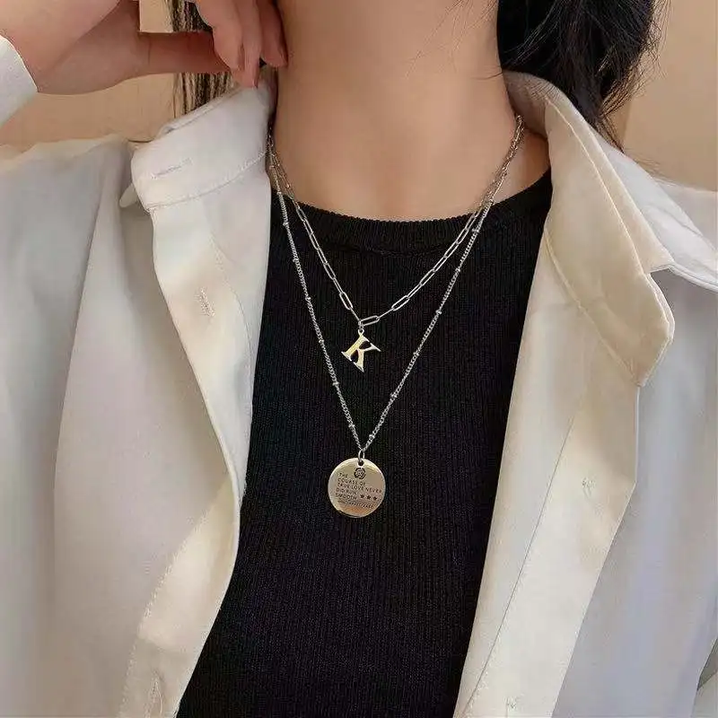 

Titanium steel multi-layer round brand letter K Necklace hip-hop neckwear sweater chain cool new neckwear for men and women