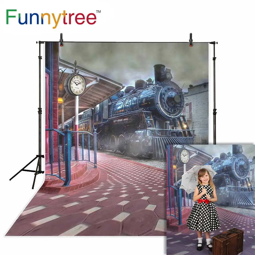 Funnytree free shipping backgrounds for photography studio Vintage Train station city smoke backdrop  professional photocall