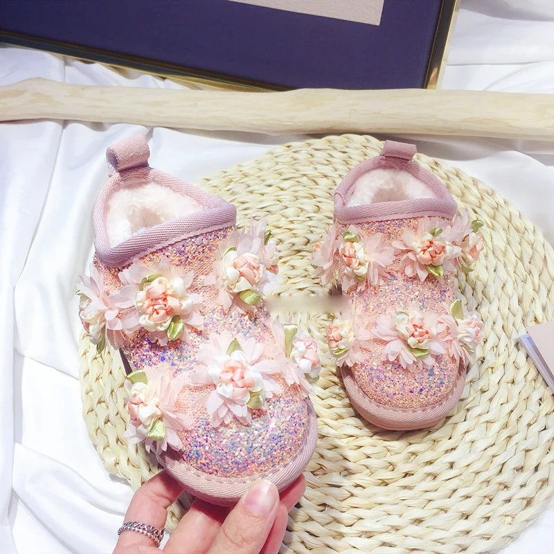 Новые зимние детские ботинки ботильоны с цветами для маленьких девочек детская