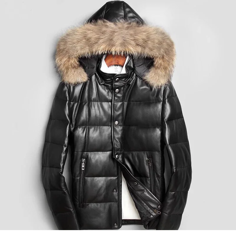 PUDI MT820 мужские новые модные куртки из овечьей кожи пуховые куртки с воротником из меха енота Осень Зима Повседневная Верхняя одежда