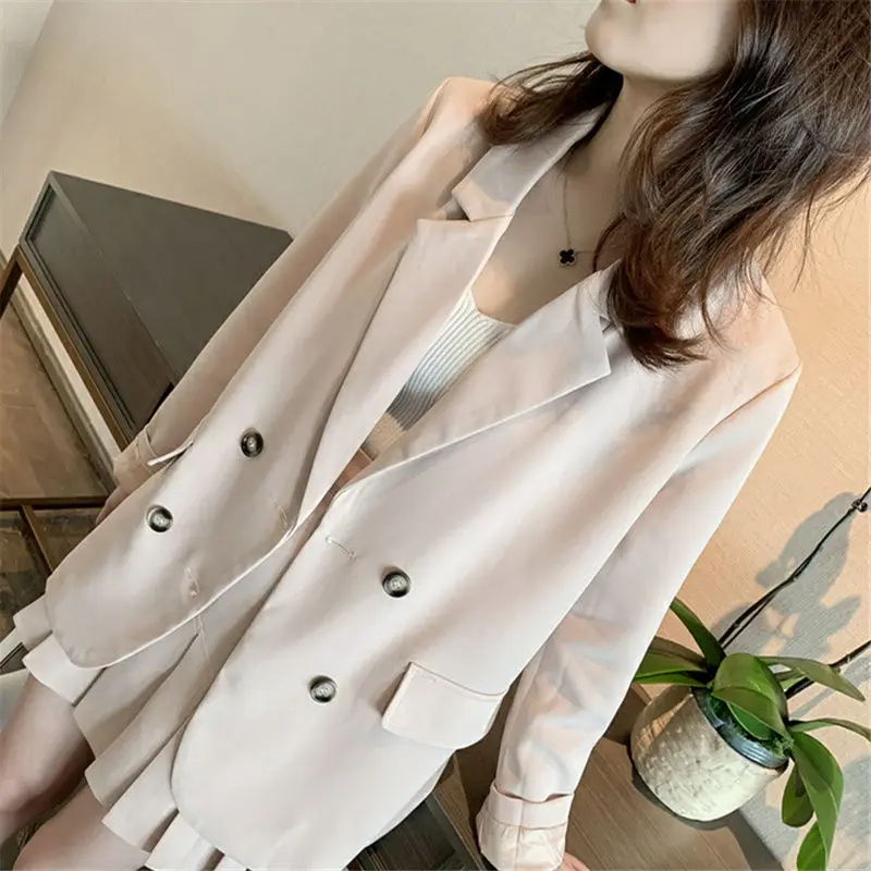 

Women 2021 Spring Autumn New Two-piece Suits Female Solid Color Blazer Jackets Ladies High Waist Short Pleated Skirts Sets Y247