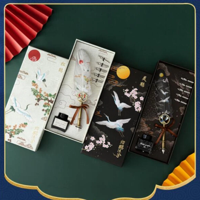 

Retro Feather Pen Retro Quill Pen Chinese Crane Painted Design Calligraphy Writing Quill Pen School Executive Gifts