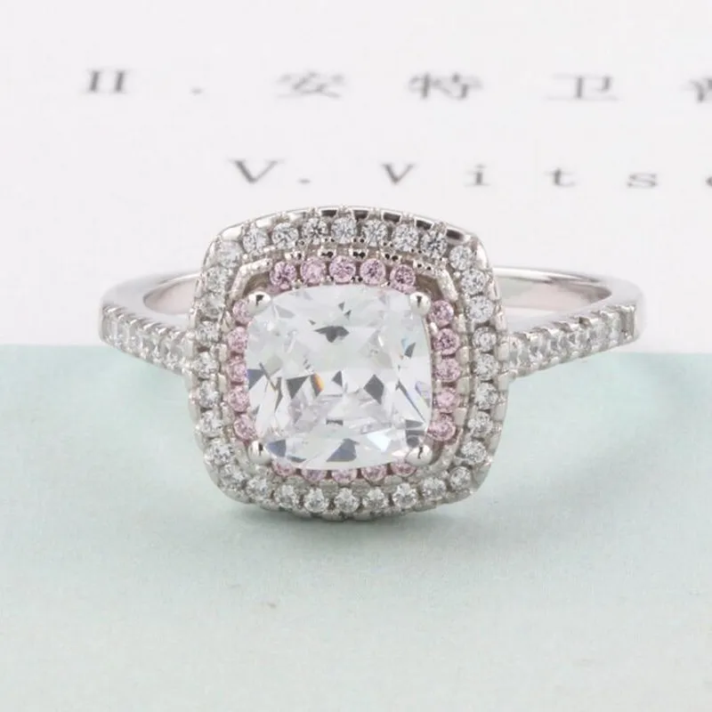 Size 4-10 Deluxe Jewelry Real 925 Sterling Silver Round Cut White&ampPink 5A Cubic Zirconia Pave CZ Party Promise Wedding Ring Set |