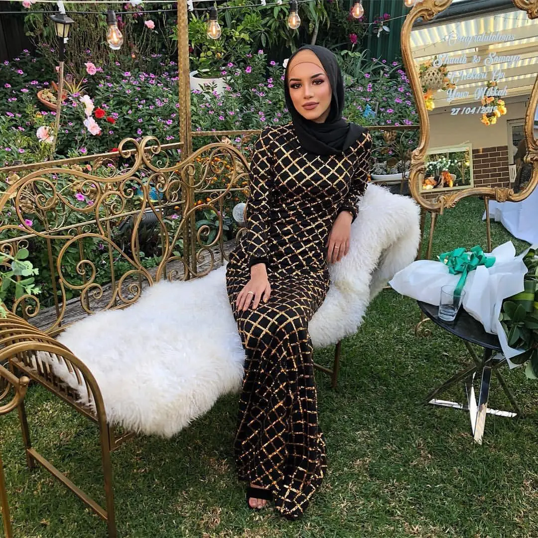 

Sequins Plaid Abaya Dubai Party Evening Cocktail Gown Muslim Women Bodycon Dress Islam Arab Bodycon Maxi Dress Turkish Gown New