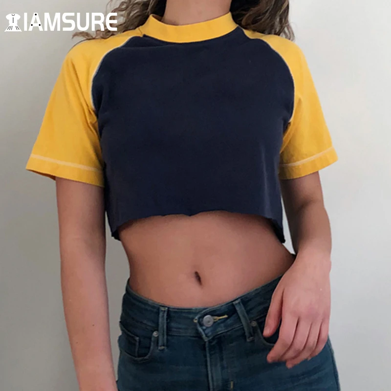 

IAMSURE Loose Patchwork T Shirt Women Casual Sexy O-Neck Crop Top Basic Short Sleeve Tees 2021 Summer Fashion Sporty Activewear