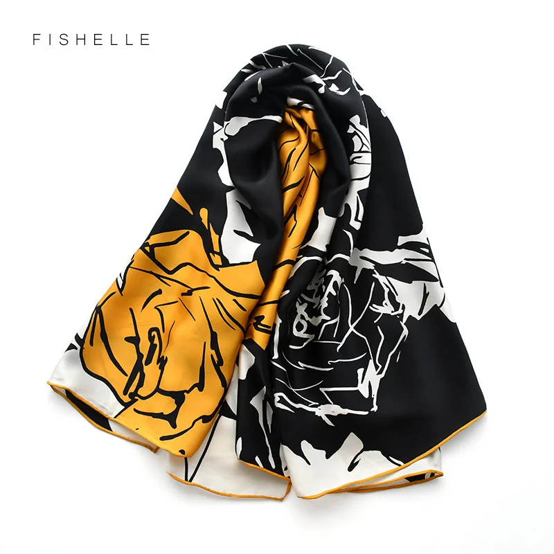 Женский шарф из натурального шелка большой квадратный платок 110 см с принтом розы