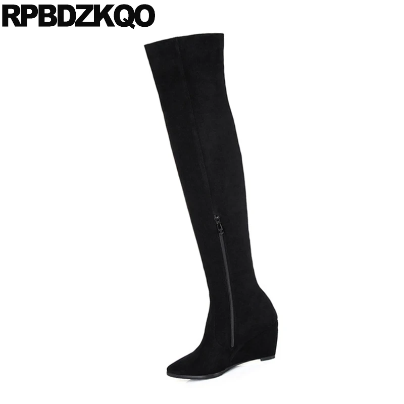 Женские высокие сапоги выше колена черные замшевые облегающие из овечьей шкуры с