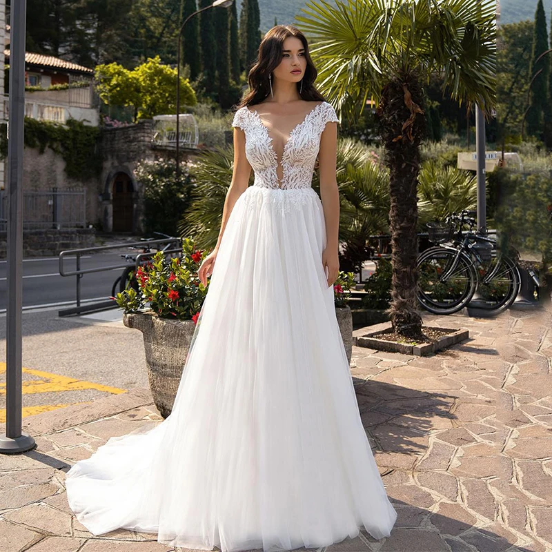 

Luxury Wedding Dress Elegant Multi-layer Lotus Leaf Yarn V-neck Beading Wedding Gowns Crystal Lace Up White Vestido De Noiva