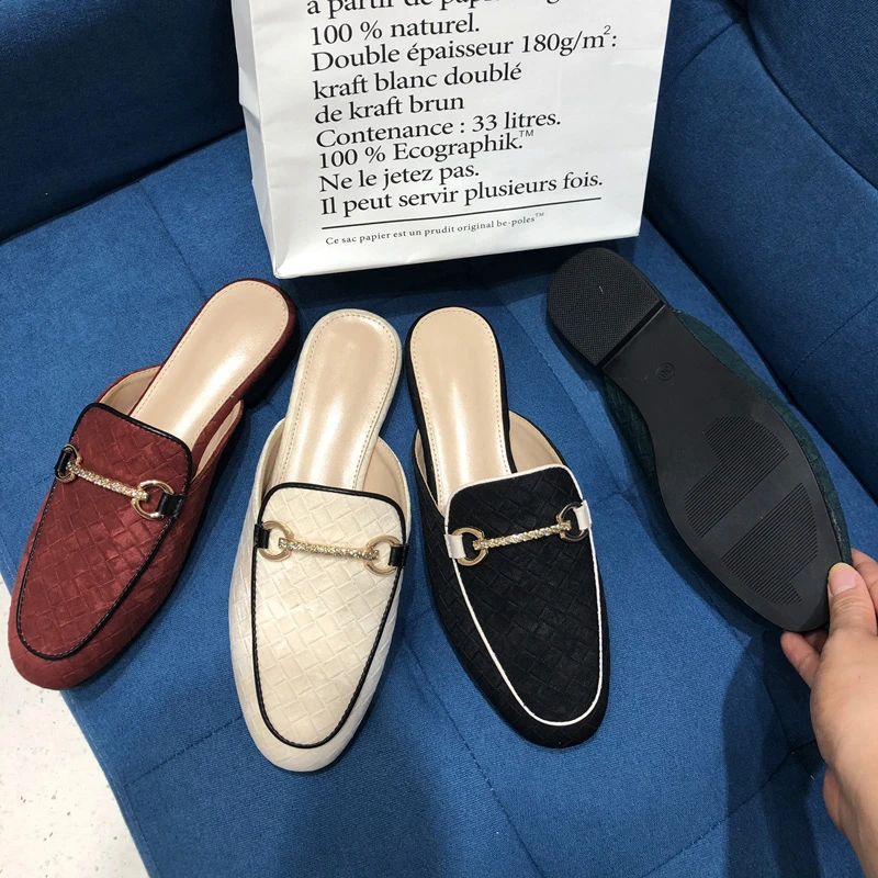 

Bailamos Women Spring Flat Mules Shoes Slip On Crystal Buckle Design Fashion Slipper Round Toe Ladies Casual Sandal Shoes Slides