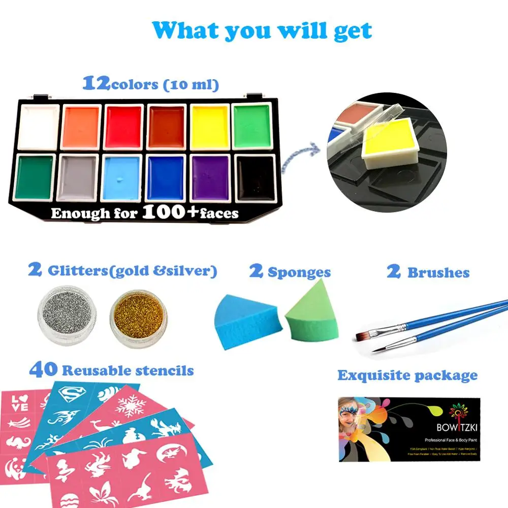 Набор для рисования лица Bowitzki 12 ярких цветов 2 блестящих кисти 40 трафаретов губки