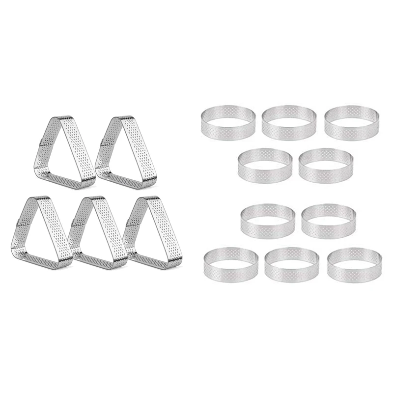 

15 Pcs Stainless Steel Tart Ring Heat-Resistant Perforated Cake Mousse Ring, 10 Pcs Round & 5 Pcs Triple-Cornered