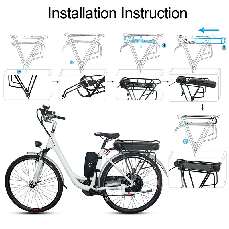 

48V 10AH-21AH Electric Bicycle Battery Bicicleta Eletrica Samsung LG E Bike Rear Rack Layer Lithium Battery with Rear Light