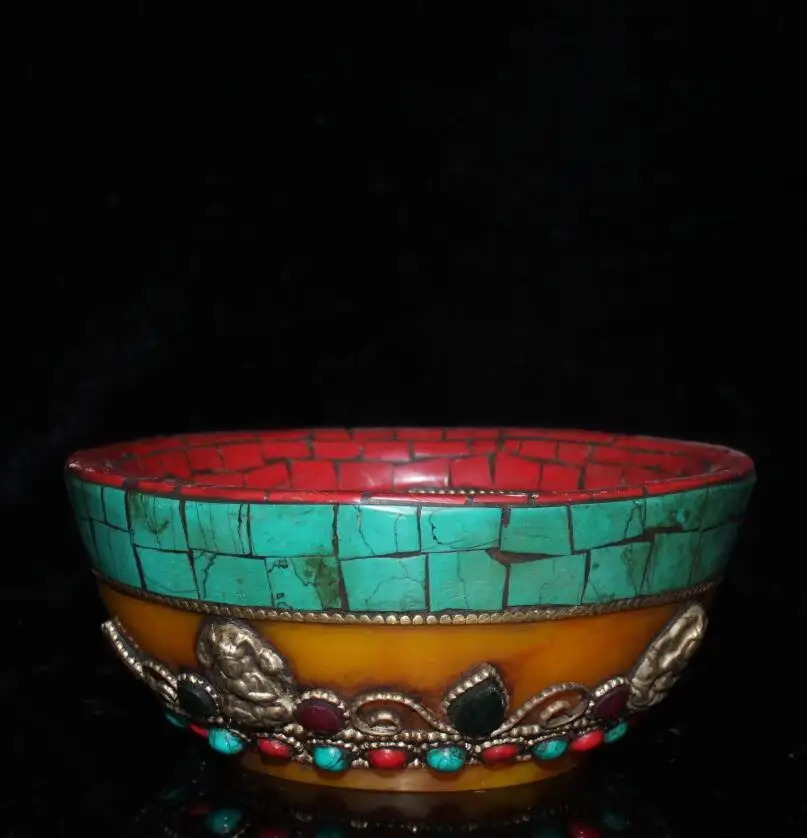 

China imitation beeswax bowl inlay imitation coral turquoise crafts statue
