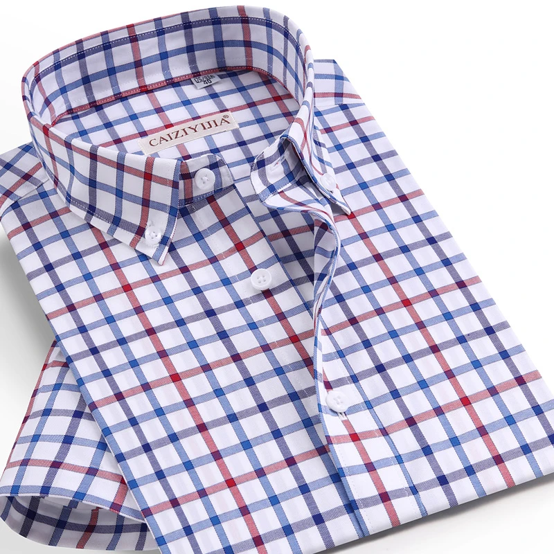 Men's Short Sleeve Contrast Gingham Plaid Cotton Shirts Pocket-less Design Standard-fit Summer Casual Button-down Shirt