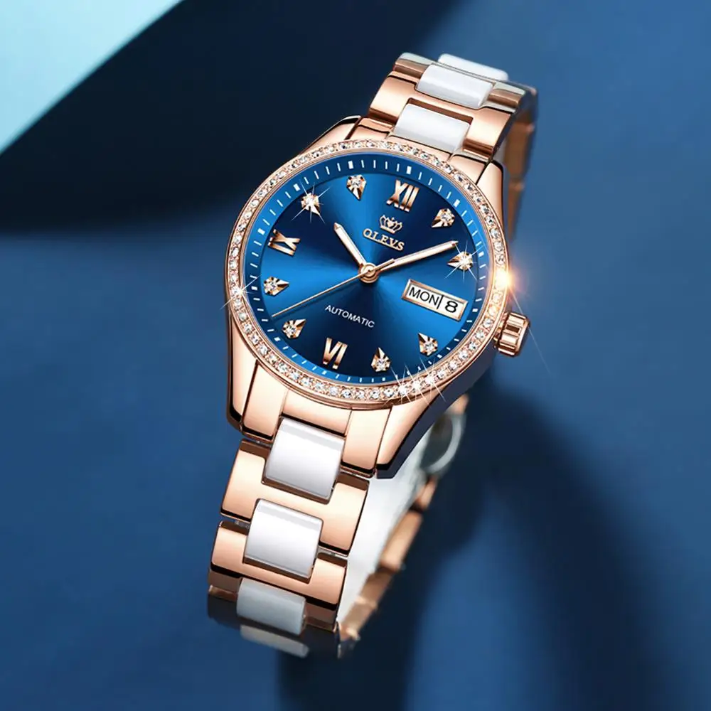 

Women's automatic mechanical wristwatch with double calendar tungsten steel watchband fashion waterproof luminous female clock