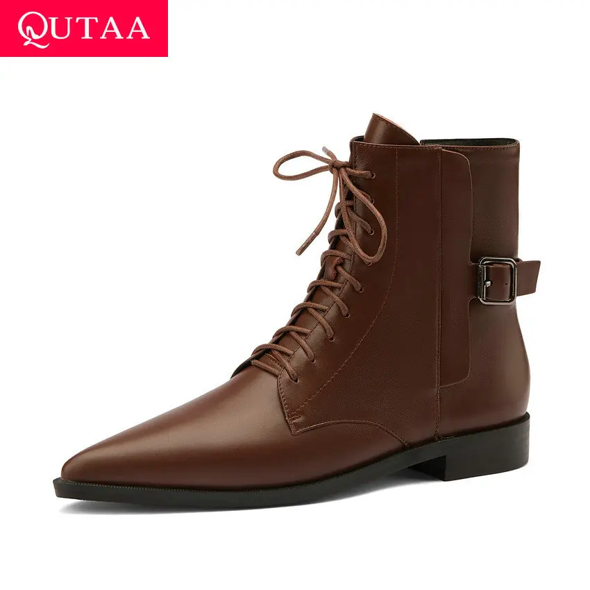 

QUTAA 2021 Lace Up Buckle Zipper Ankle Boots Cow Leather Pointed Toe Ladies Boot Autumn Winter Square Heel Women Shoes Size34-39