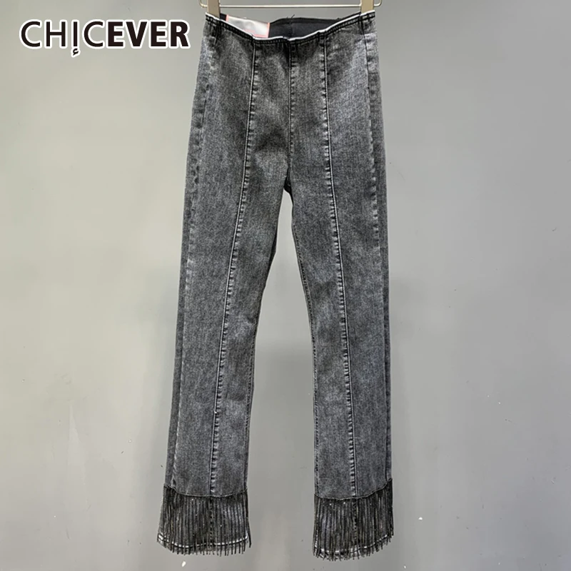 

CHICEVER Korean Fashion Loose Solid Denim Women's Pant High Waist Full Length Patchwork Diamond Tassel Flare Leg Jeans 2021 New