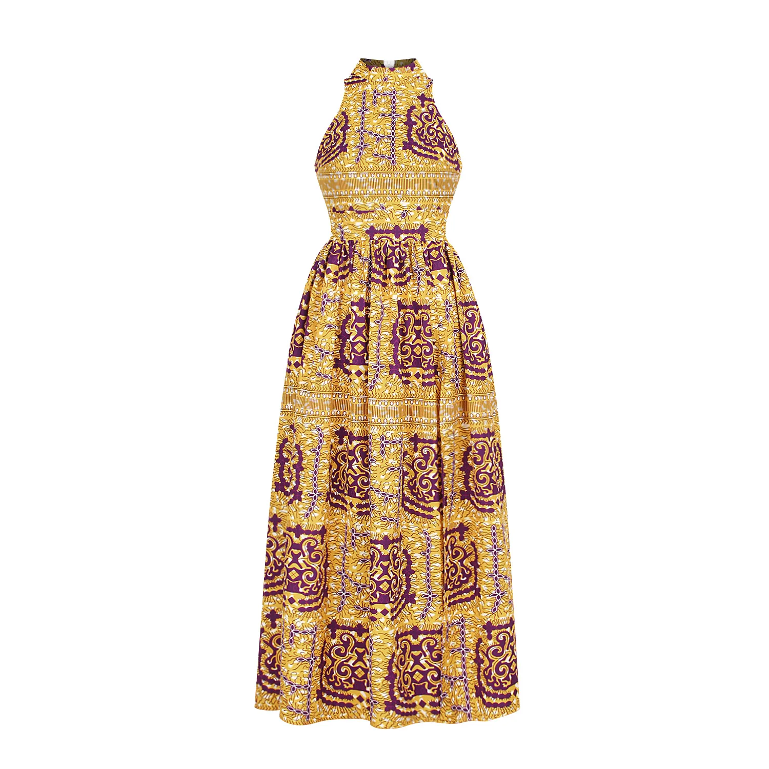 

Sleeveless Stand Neck Side Split Vintage Print Floor-Length Dress Women Elegant Party Dresses Sexy Big Swinging African Style
