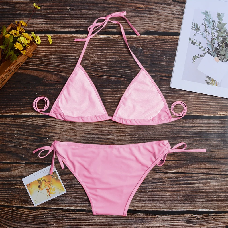 Push Up Micro Bikini Set Women 2020 Sexy Backless Swimwear Halter Low Waist Brazilian Shorts Solid Swim Suit For Female Hot Sale | Женская