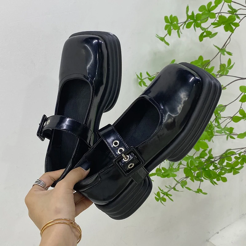 

2021 Autumn Classic Black Oxfords Shoes Women Fashion Square Toe Punk Style Office Leather Platform Shoes Flats Women Loafers