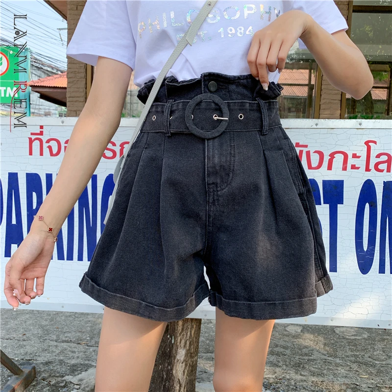 

LANMREM 2022 Summer Korea Styles High Wasit Vintage Flare Short Denims Black Color Hots With Belt Pluse Size Shorts WM58501