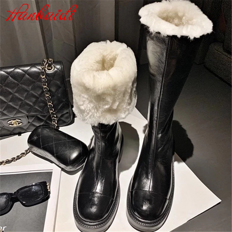 

Women Knee High Real-leather boots natural-fur Warm winter boots Slip-on snow boots for women Knee High Boots Long Boots Women