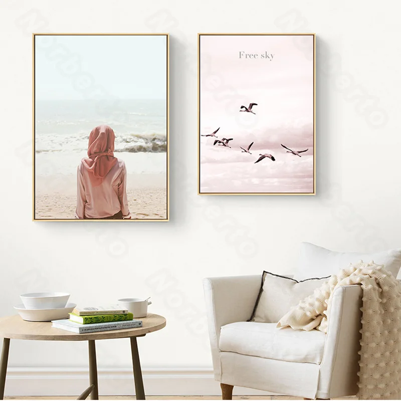 

Watercolor Pictures Canvas Painting Poster Light Red Scarf Woman Profile Pink Car and Cloud Geese Quotas Home Rooms Wall Decorat
