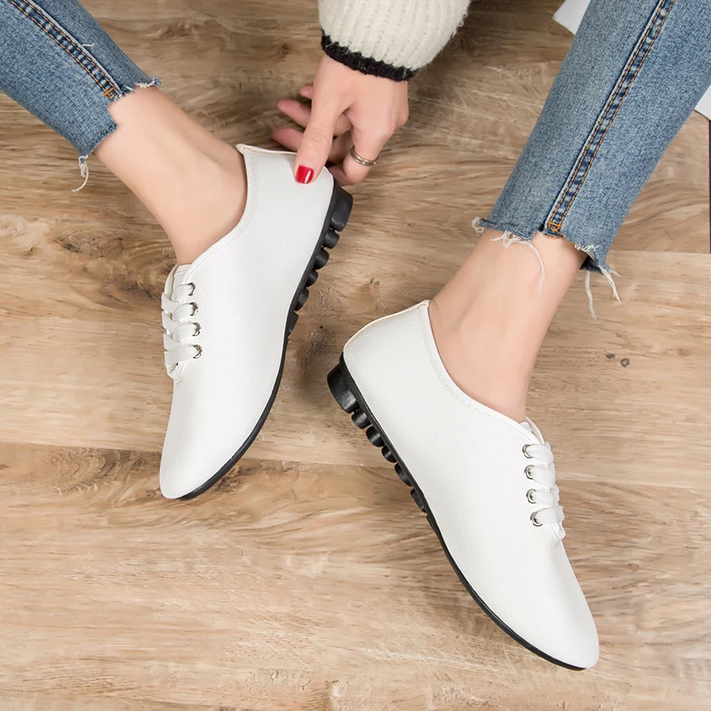 

2019 Spring Autumn Casual Shoes Woman Flats Solid White Lace Up Ladies Shoes Round Toe Comfortable Women Shoes Zapatos Mujer