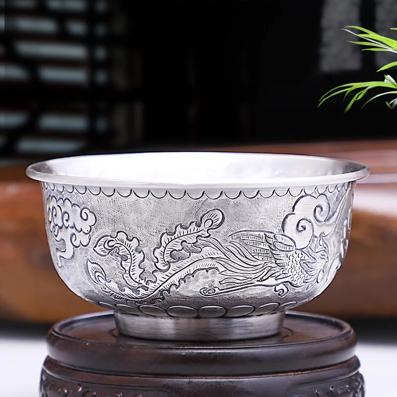 

Dragon and Phoenix S999 sterling silver bowl sterling silver tableware hand-carved baby silver rice bowl 200ml 98g