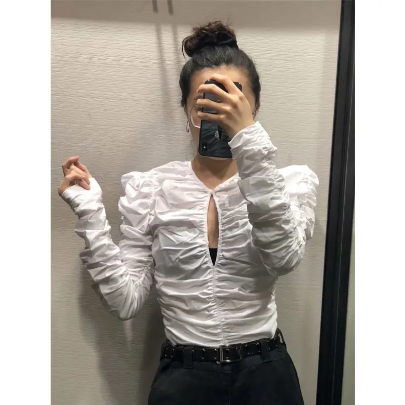 Модная открытая блузка с рюшами Женская шикарная из поплина Облегающая белая