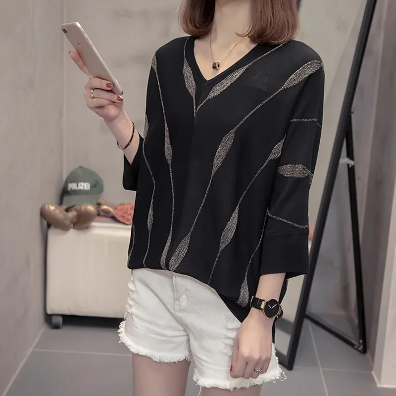 V-neck Knitted Sweaters Women 2021 Spring Summer Oversize Jumpers Loose Silver Striped Batwing Sleeve Korean Chic Tops | Женская одежда