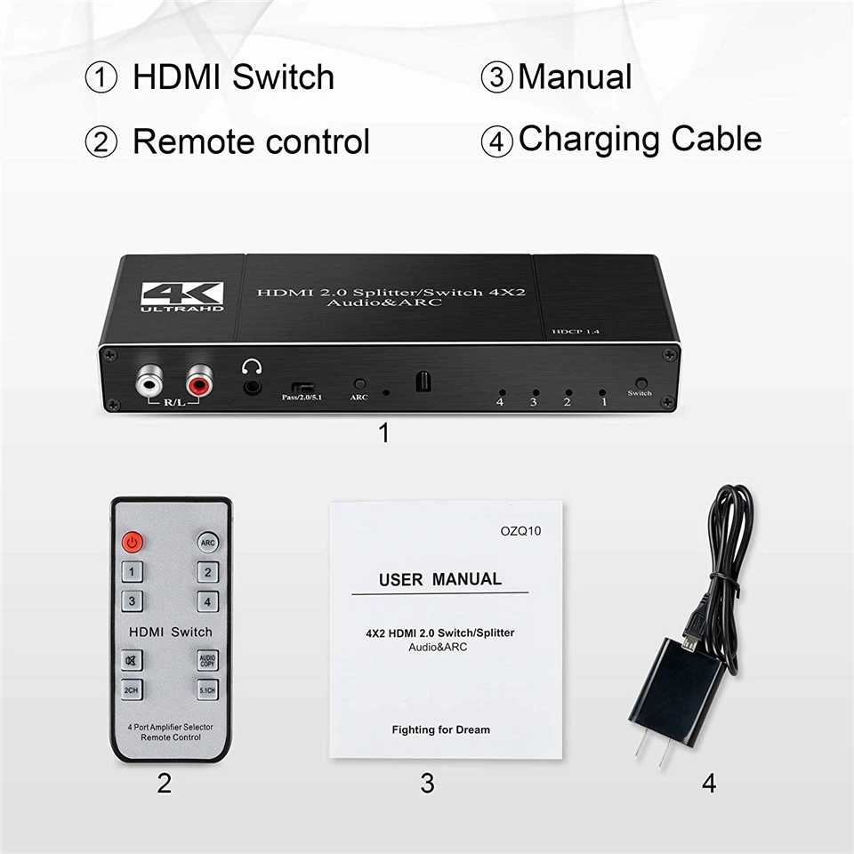 

2020 4K HDMI Switch 4x2 with Remote Optical Toslink & Coaxial 4 In 2 Out HDMI Switch 4 Port Switch HDMI 2.0 For Apple TV PS4