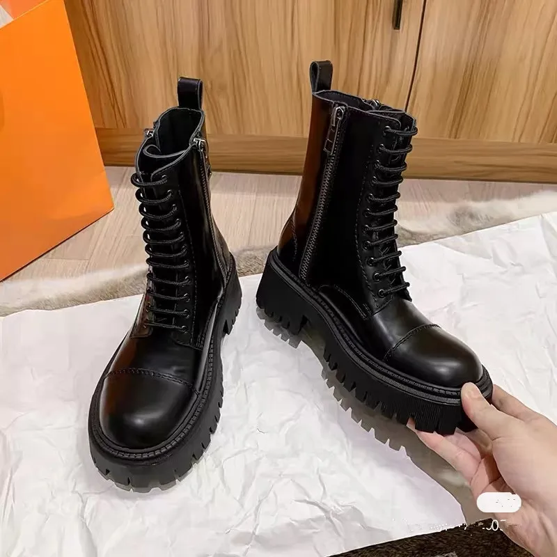 

style ins muffin thick bottom medium tube 2020 boots women British double zipper lace up short boots woman