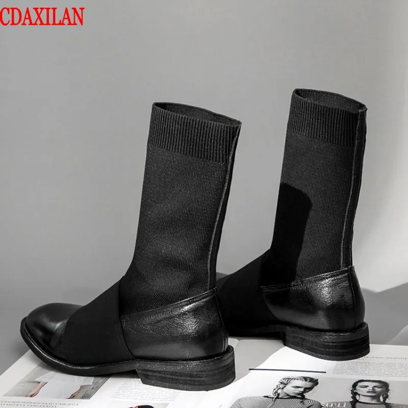 CDAXIALN/Новинка; женские полусапожки из натуральной коровьей кожи с трикотажной отделкой; сапоги до середины икры на низком каблуке с отстрочкой; сезон зима-осень