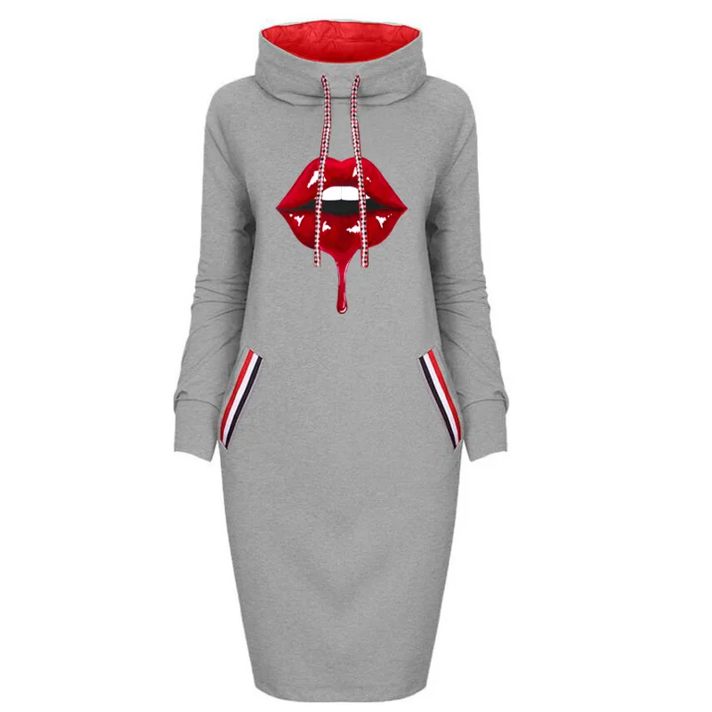 

2021 Vintage Women Bodycon Dress Lips Print Fall Long Sleeve Pocket Sexy Slim Pencil Elegant Party Femme Streetwear Robe