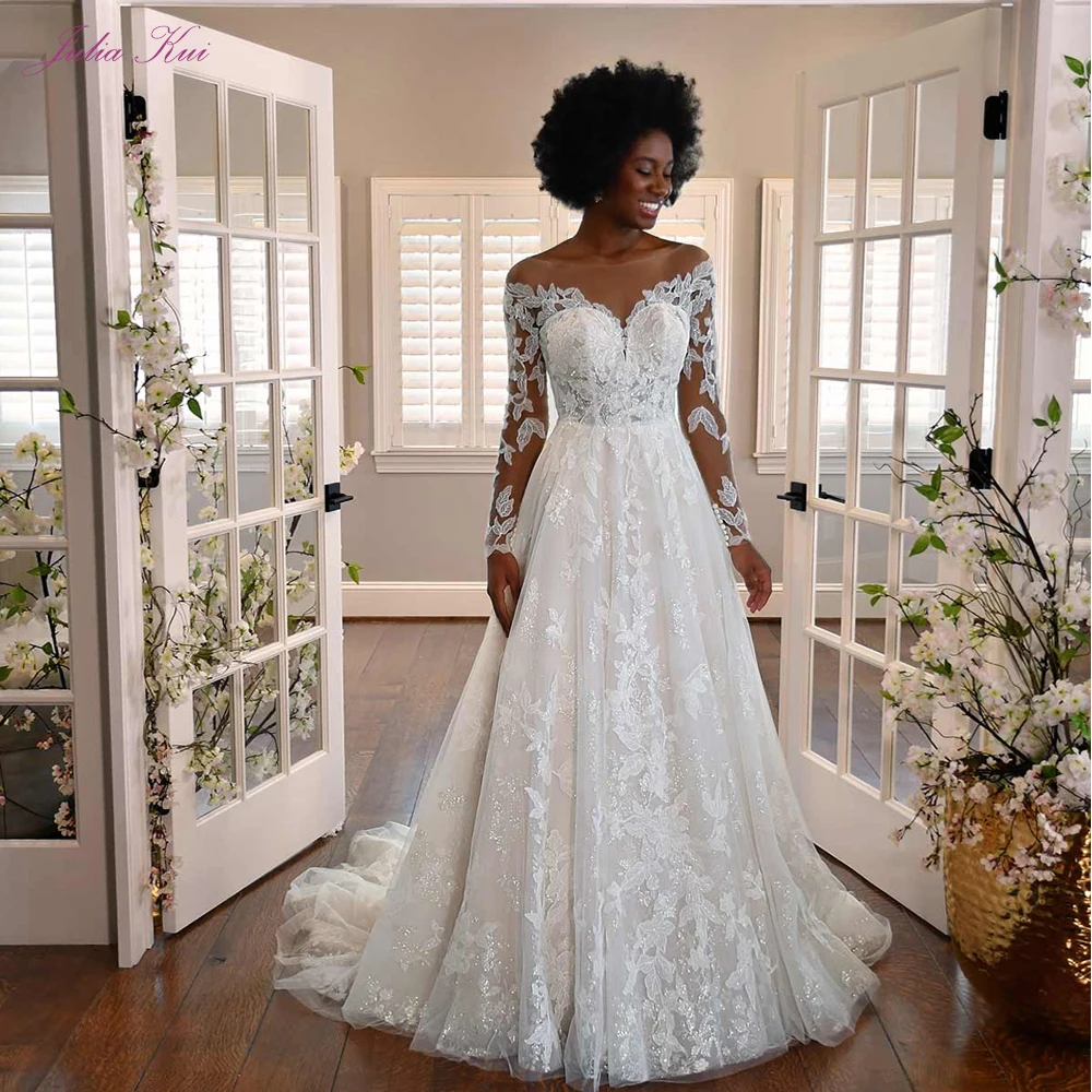 

Julia Kui Beauty Appliques Lace O-Neck A Line Wedding Dress Elegant Beading Sequined Full Sleeves Sweep Train Bridal Gowns