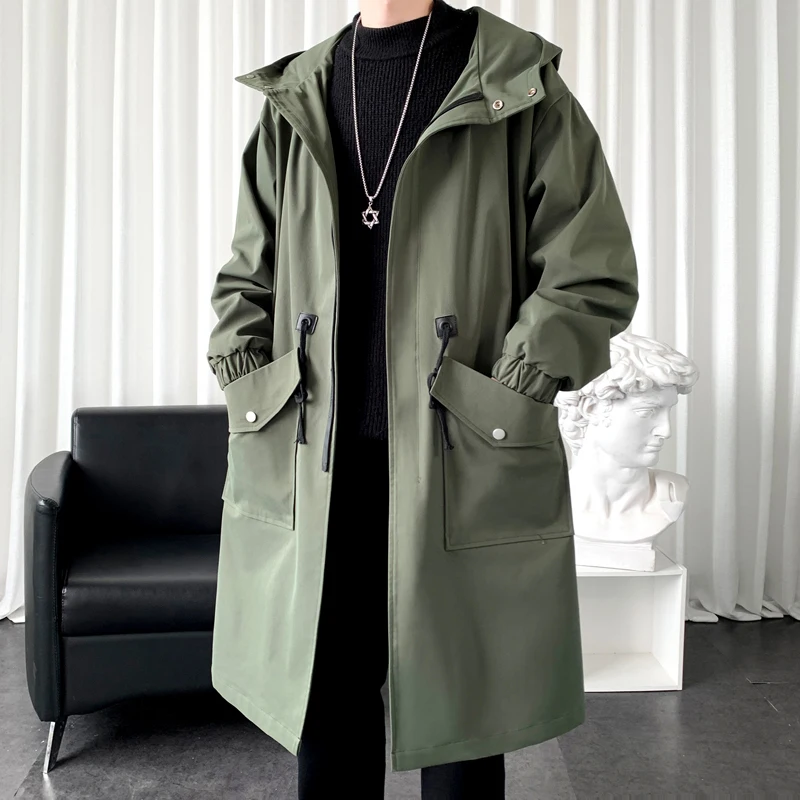 

Autumn Men's Trench Solid Color Oversized Long Jacket Nice Vogue Big Pocket Hooded Trench Coats Male Clothing