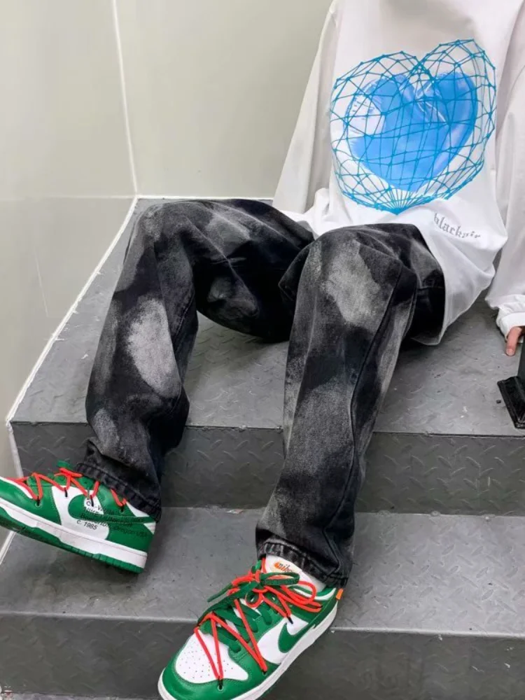 ICCLEK Tie-dye Jeans Men's Autumn New Loose Straight Wide-leg Pants Fashion Men's Patchwork Jeans Low Rise Jeans Mens Pants