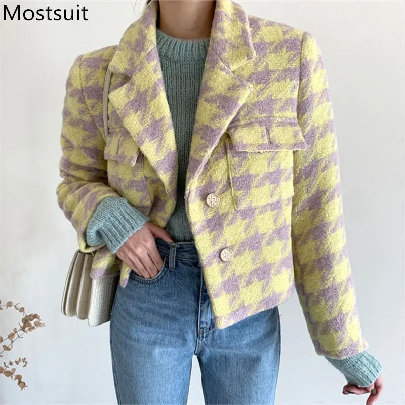 

Winter Houndstooth Woolen Thicken Women Jacket Coat Notched Collar Single-breasted Pockets Coat Elegant Female Fashion Jacket