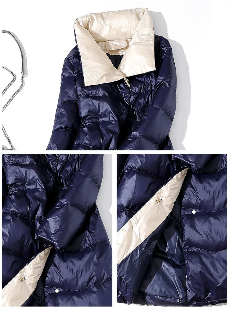 Новинка года, зимняя Двусторонняя куртка-пуховик, Женская куртка с высоким воротником и белым утиным пухом, Длинные парки, куртка, одежда