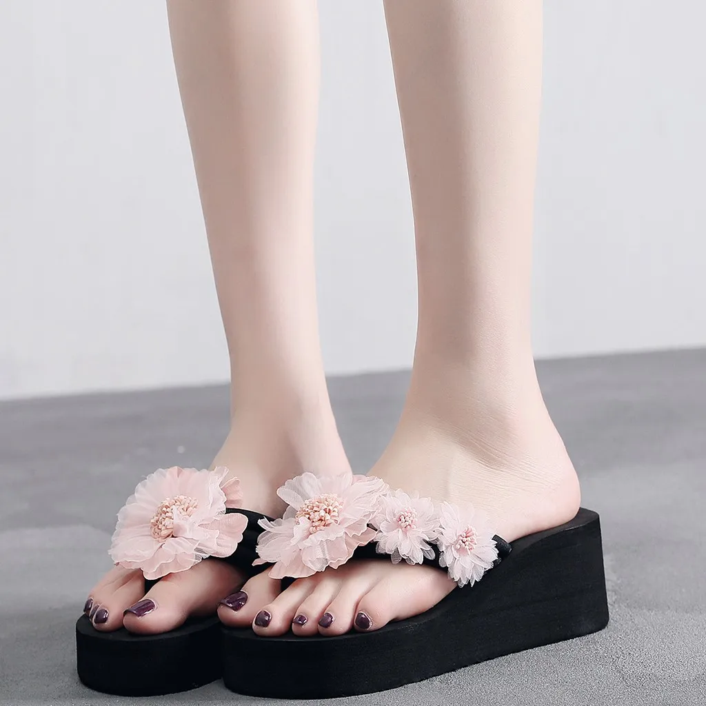 SAGACE Women Summer High Heel Platform Slippers Ladies 2020 Bohemia Flower Beach Flip-Flops Wedge Thongs Slipper Sandal | Обувь