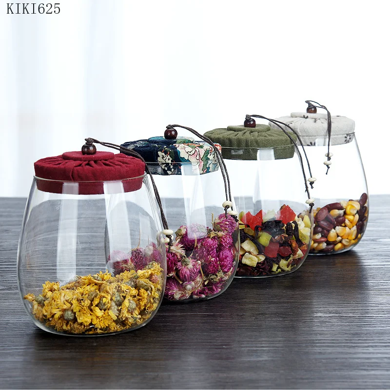 

Creative Transparent Glass Storage Jar Sealed Cloth Cover Cork Coffee Bean Tea Caddy Food Container Candy Storage Jar Home Decor