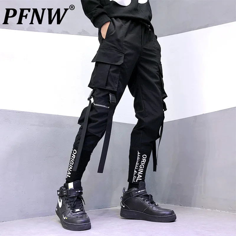

Мужские брюки с вышивкой PFNW, черные свободные рабочие брюки-карго в стиле хип-хоп, с карманами, стиль сафари, уличная одежда, новинка 2021