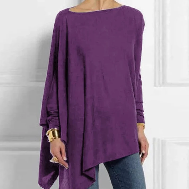 

Plus Size Solid Irregular Hem Blouse Women Summer Casual O Neck Long Sleeve Womens Tops And Blouses Loose Tee Shirt 8 Colors