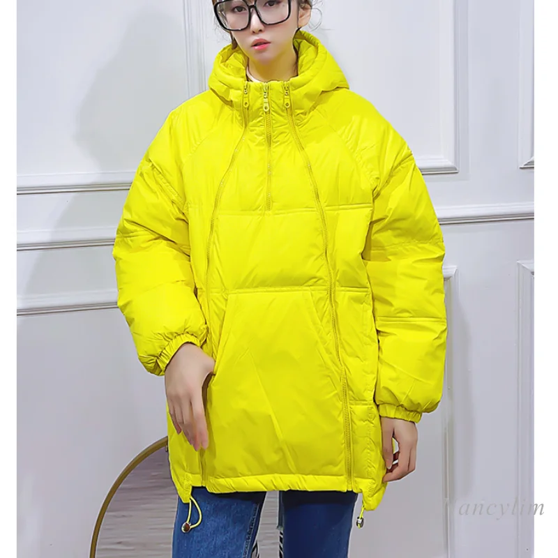 

90% Lightweight White Duck Down Winter Coat Woman Loose Hooded Double Zipper Pullover Jacket Lady Street Sportswear Overcoat