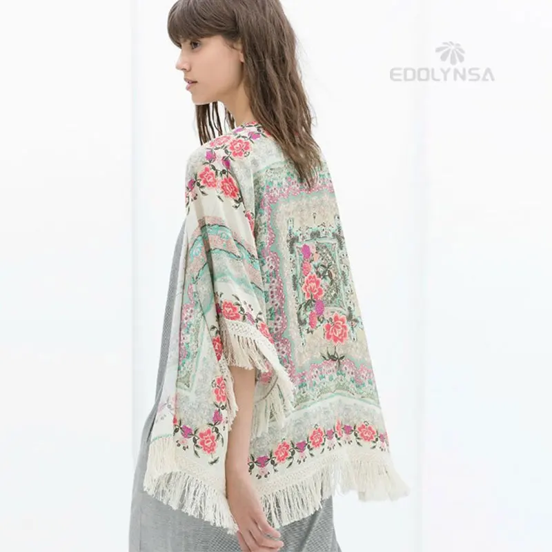 

2022 Autumn Print Fringed Kimono Drop Shoulder Blouses Batwing Sleeve Fringed Hem Lace Shawl Oversize Tops Outwears Y165
