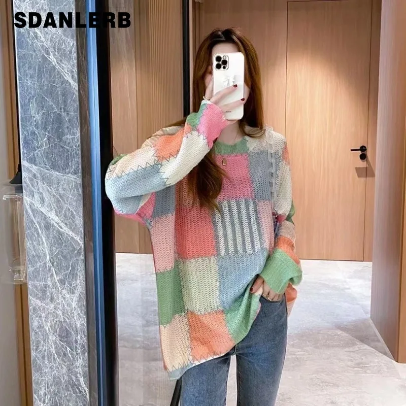 

Осень 2021, пуловер с длинным рукавом, новинка, тяжелая вышивка, модный вязаный свободный свитер контрастной расцветки
