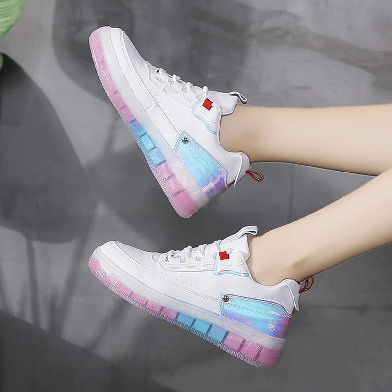 2019 новые модные кроссовки Женская обувь белые Прозрачный Красочный скейтборд