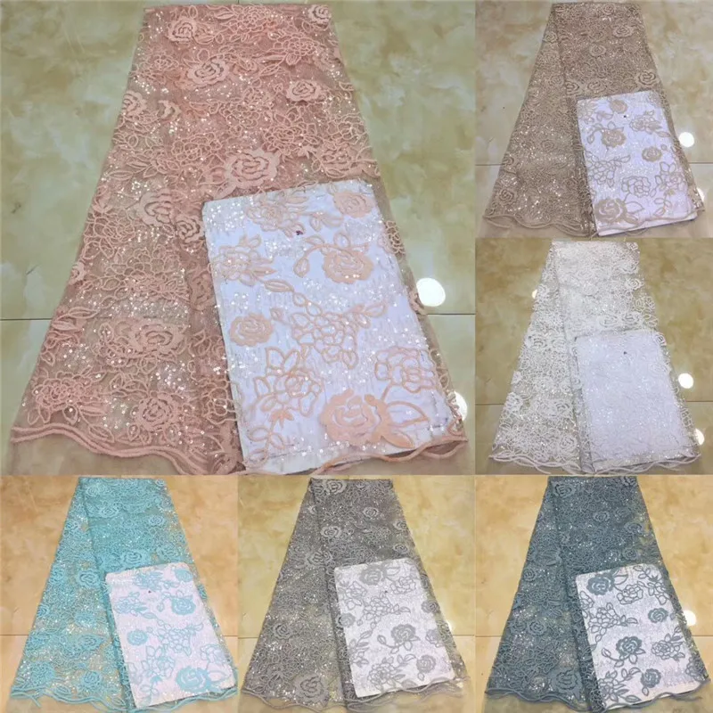 Sky blue Sequins Net Lace Fabric 2020 gold High Quality African Mesh Wedding Bride Dress Sewing Sequined Embroidered Material | Дом и сад