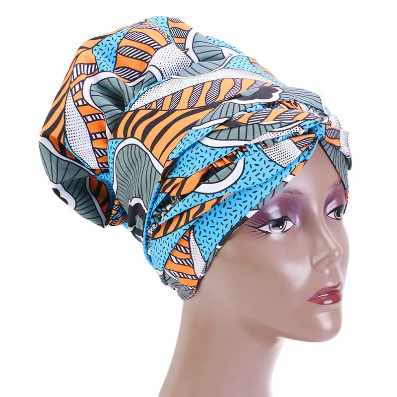African Print Large Satin Lined Bonnets For Women Hat With Long Ribbon Headwrap Ankara Pattern Hair Cover Hair Wrap Cap Hijabs